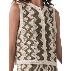 NEW RD INTERNATIONAL crochet button vest in green & beige
